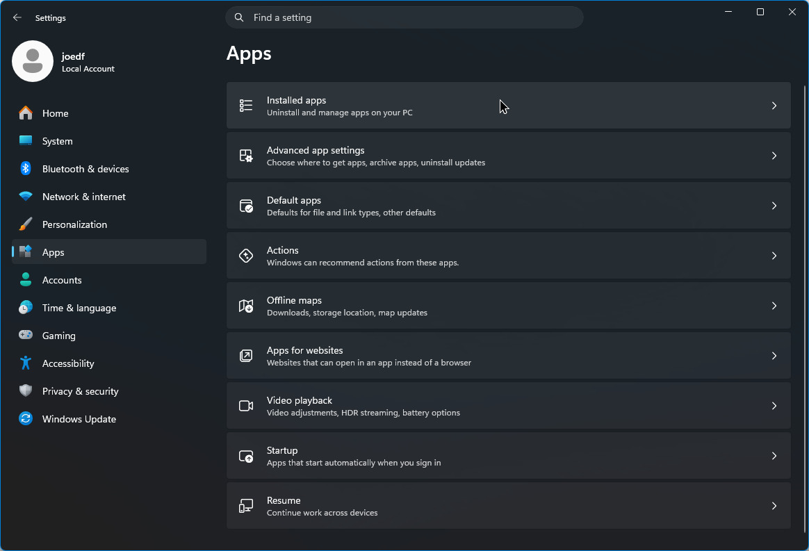 Screenshot der Auswahl von Installierte Apps in Einstellungen