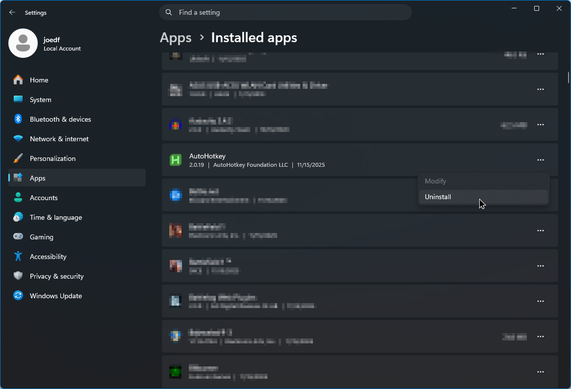 Screenshot der Deinstallation