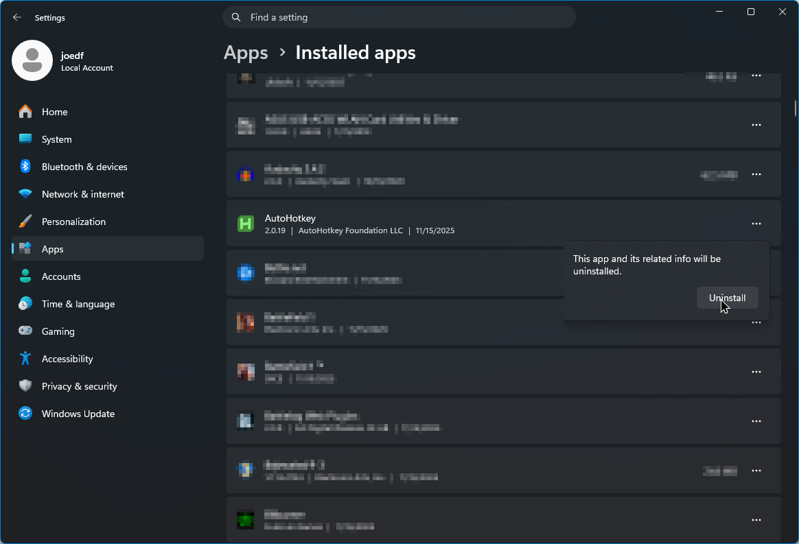 Screenshot der Deinstallation